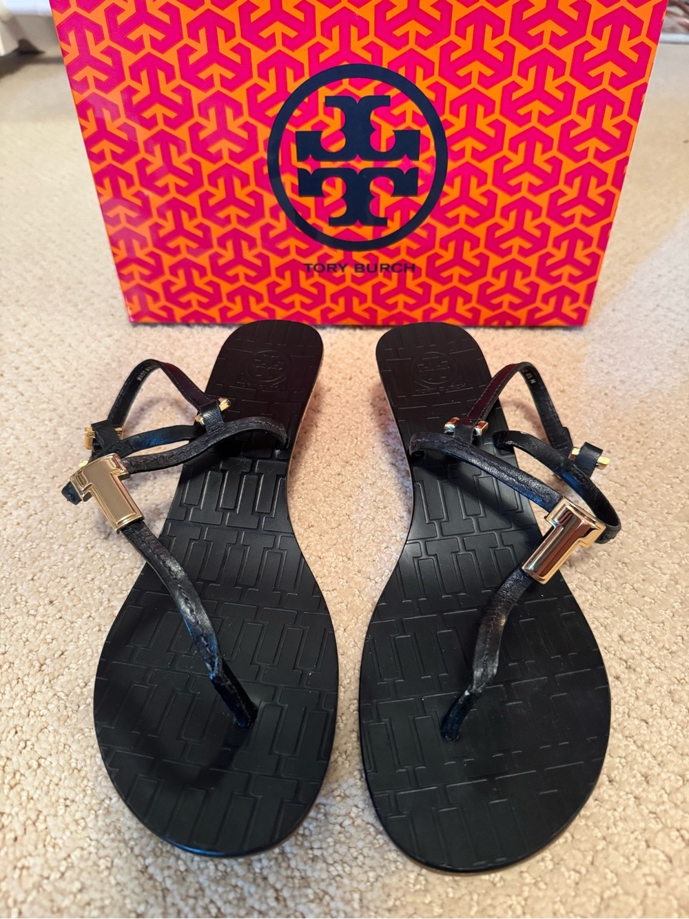 Tory Burch Black Sandals with Cork Platform and Gold Hardware Size 8.5